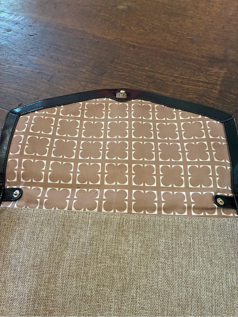Liz Claiborne Tan Canvas Messenger Clutch with Black Trim 14 x 9 inches